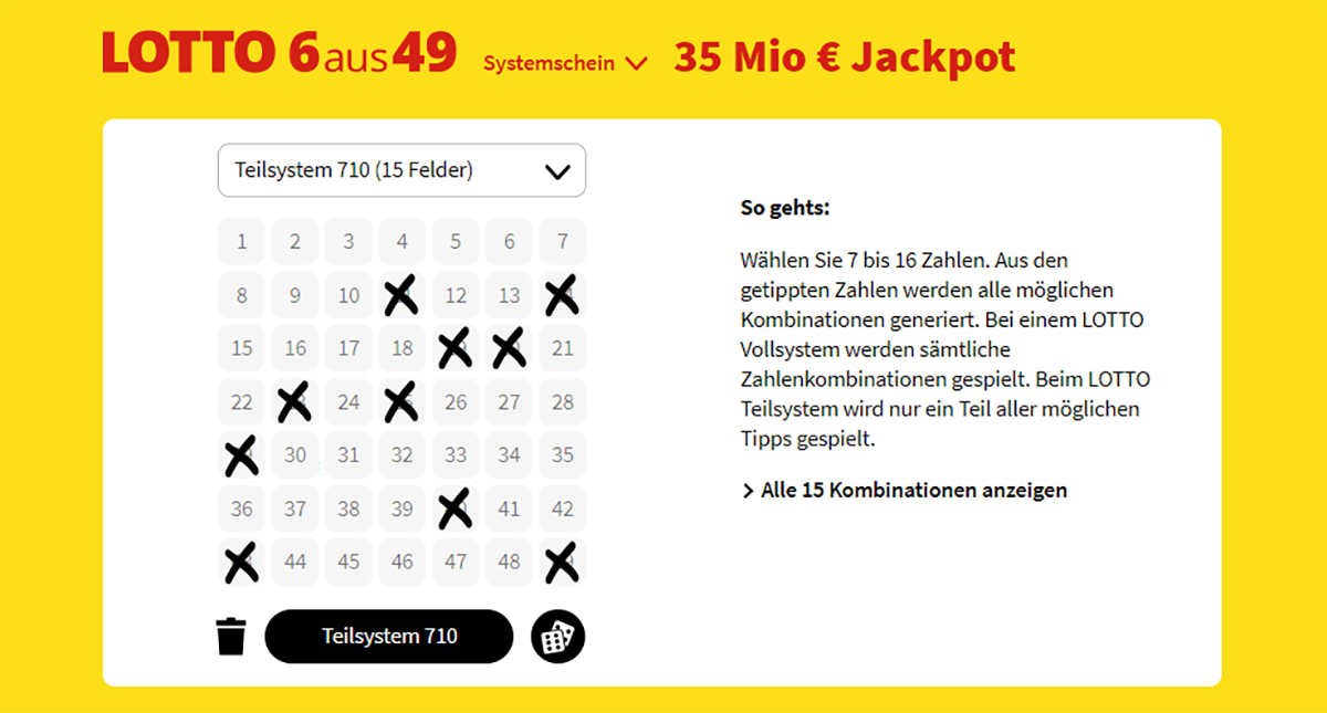 LOTTO Teilsystem-Schein online ausfüllen.